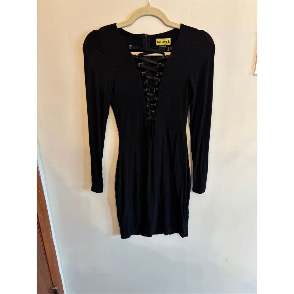 For Love & Lemons Black Long Sleeve Bodycon Dress XS Lace Up Neckline Above Knee